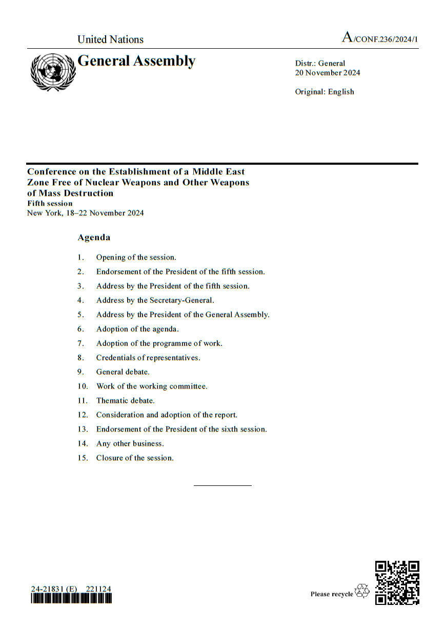 Agenda at the Fifth Session of the Conference on the Establishment of a Middle East Zone Free of Nuclear Weapons and other WMD