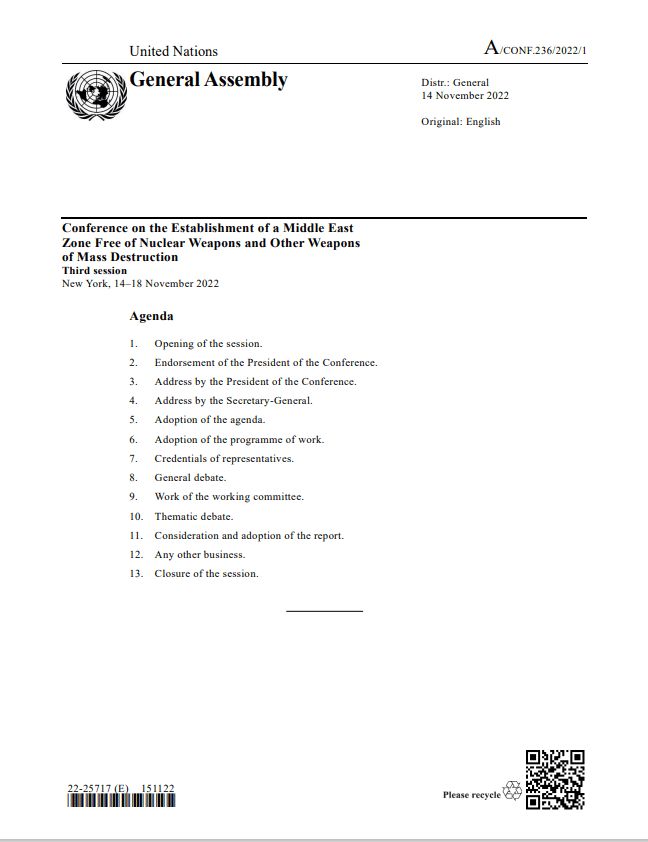 Agenda at the 3rd Session of the Conference on the Establishment of a Middle East Zone Free of Nuclear Weapons and other WMD