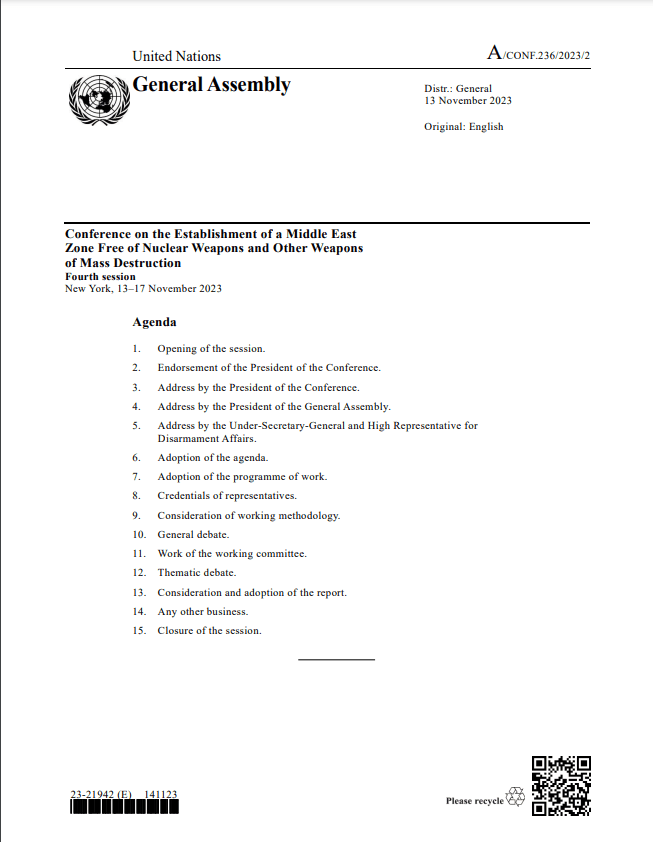 Agenda at the 4th Conference on the Establishment of a Middle East Zone Free of Nuclear Weapons and other WMD