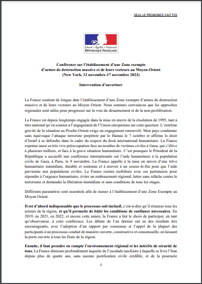 Statement  by France at the 4th session of the conference on the Establishment of a Middle East Zone Free of Nuclear Weapons and other WMD