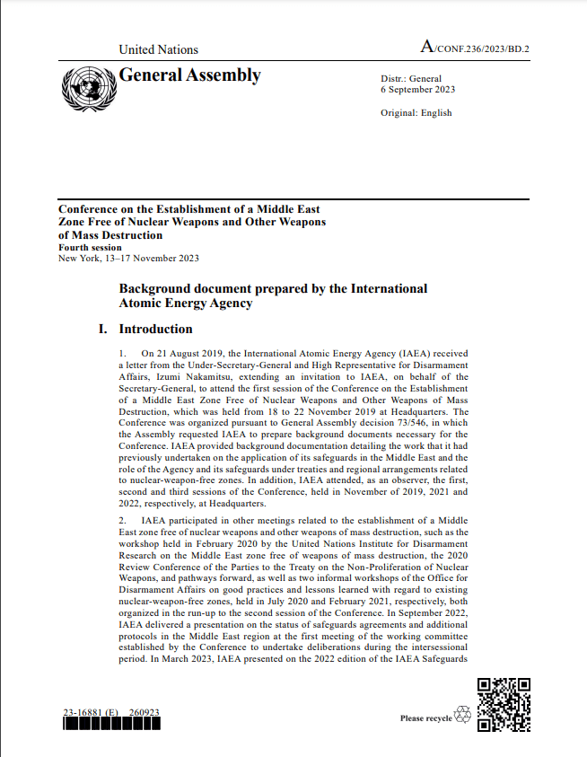 Background document prepared by the IAEA at the 4th session of the Conference on the Establishment of a Middle East Zone Free of Nuclear Weapons and Other Weapons of Mass Destruction.