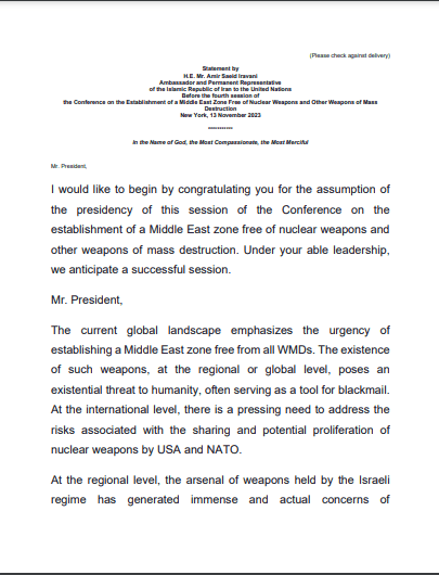 Statement by Iran at the 4th session of the conference on the Establishment of a Middle East Zone Free of Nuclear Weapons and other WMD