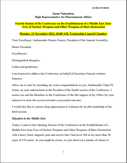 Statement by Under-Secretary-General and High Representative of Disarmament Affairs at the at the 4th session of the conference on the Establishment of a Middle East Zone Free of Nuclear Weapons and other WMD