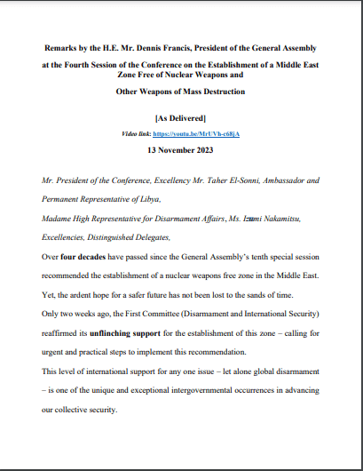Statement by President of the General Assembly at the 4th session of the conference on the Establishment of a Middle East Zone Free of Nuclear Weapons and other WMD