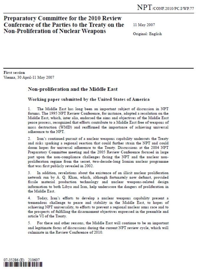 Working paper by the United States on non-proliferation and the Middle East