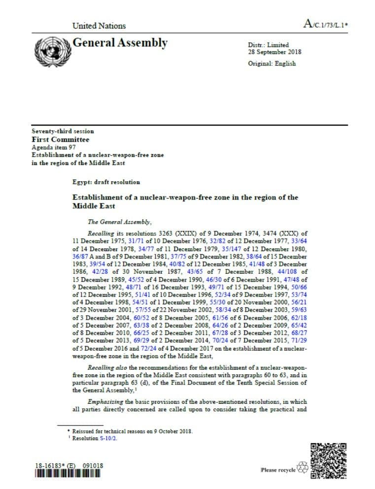 Draft resolution by Egypt on “Establishment of a nuclear-weapon-free zone in the region of the Middle East”