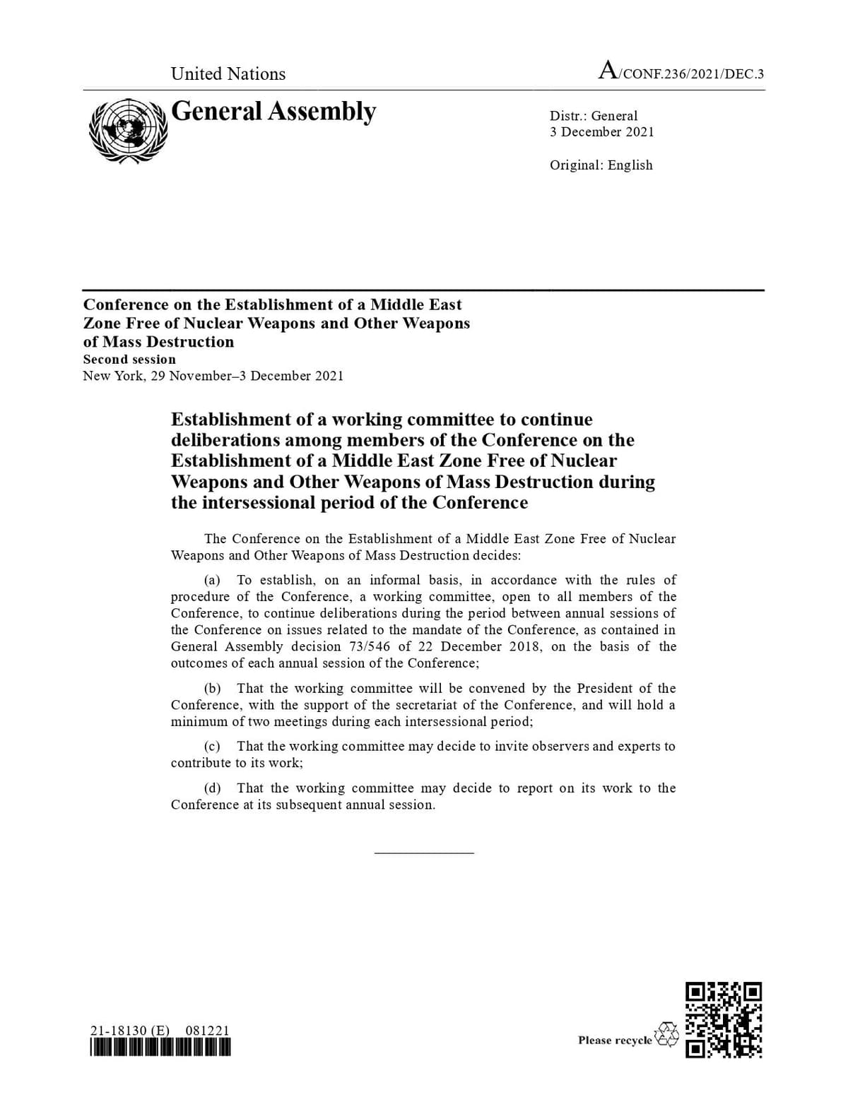 Decision on the Establishment of a Working Committee in the Second Session of the Conference on the Establishment of a Middle East Zone Free of Nuclear Weapons and Other Weapons of Mass Destruction