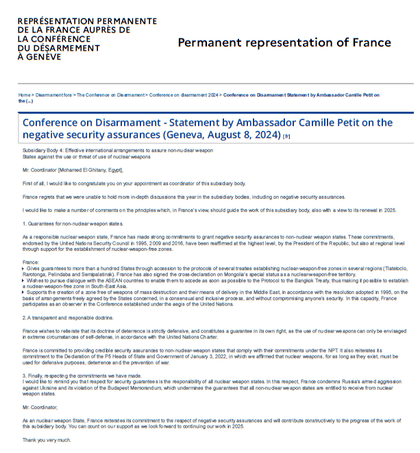 Statement by France at the Conference on Disarmament on negative security assurances (Geneva, Aug. 2024)