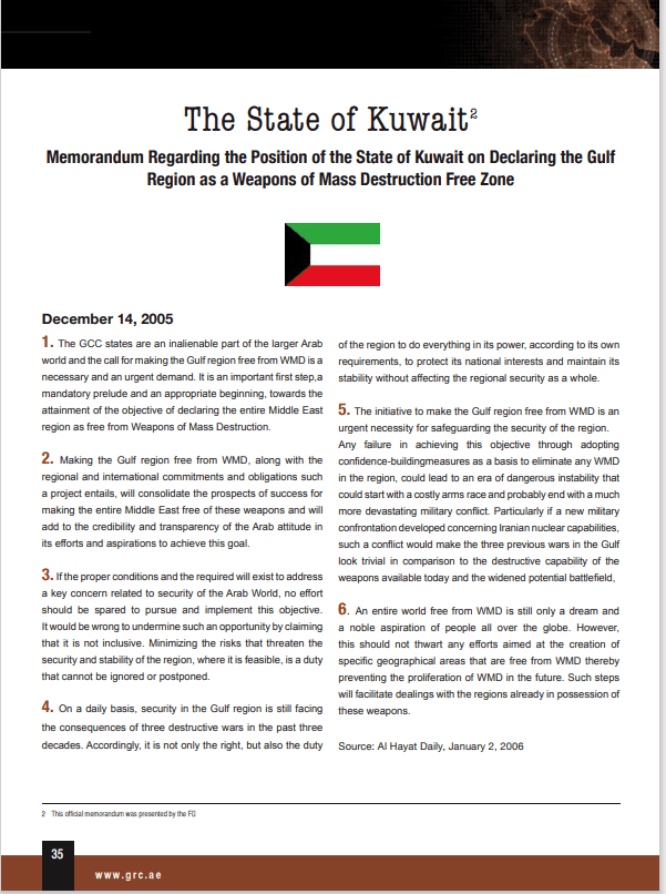 Kuwait Memorandum regarding its position on declaring its position on declaring the Gulf Region as a WMD Free Zone