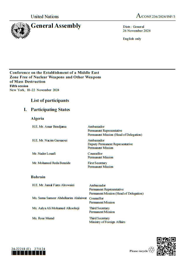 List of participants at the Fifth Session of the Conference on the Establishment of a Middle East Zone Free of Nuclear Weapons and other WMD