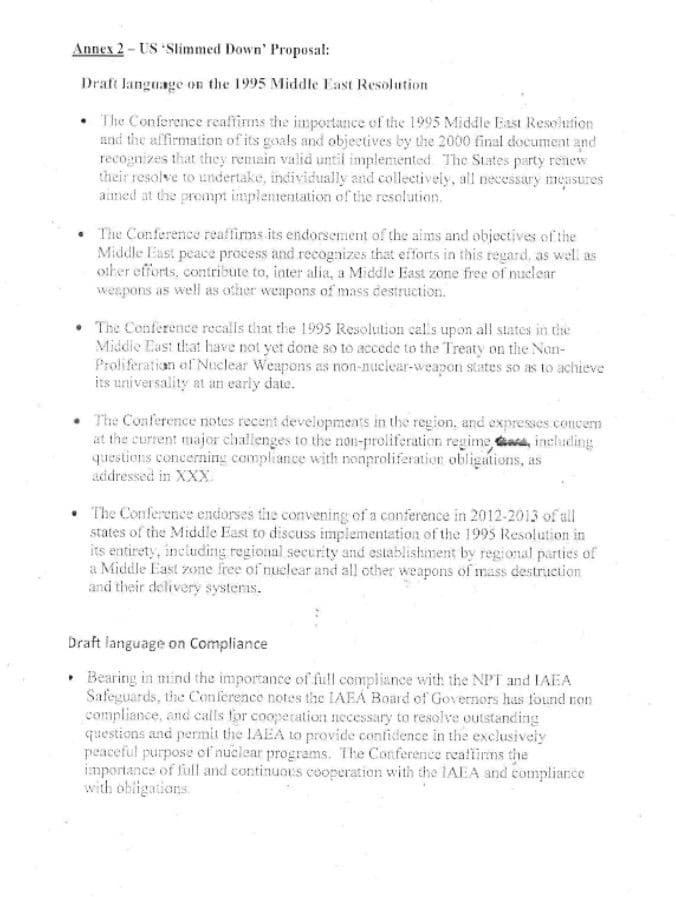 US Proposed Draft Language on the 1995 Resolution on the Middle East